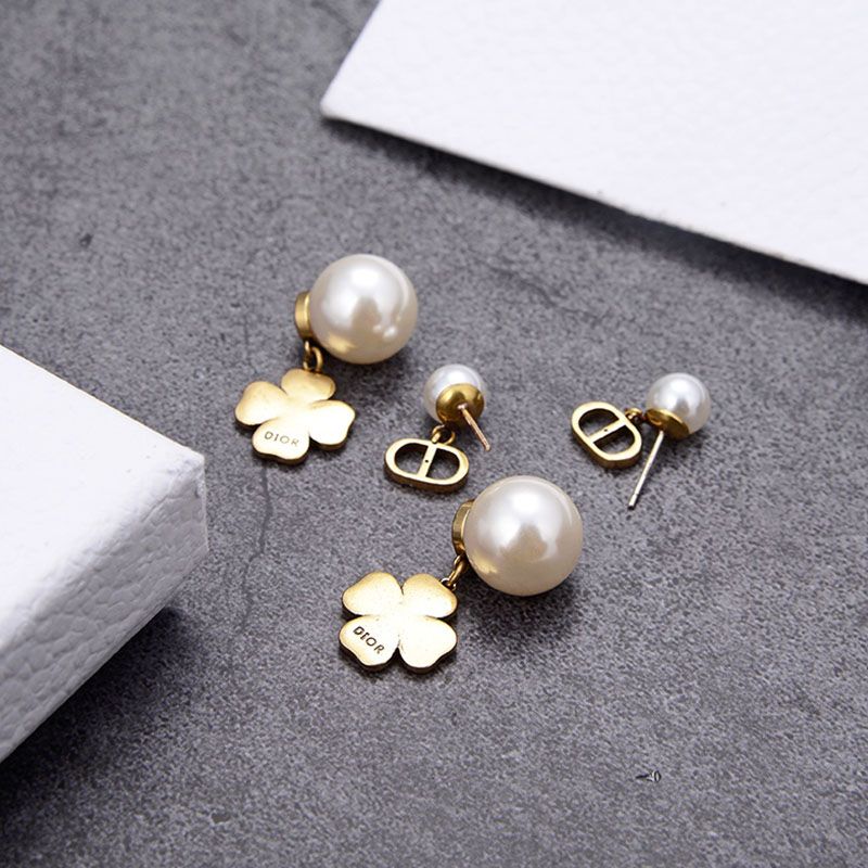 Hot Dior Tribales Earrings Antique CD, White Resin Pearls And White Four-Leaf Clover Gold