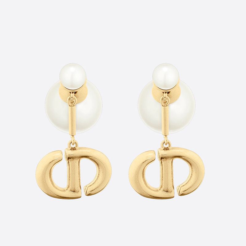 Hot Dior Tribales Earrings CD Drop and White Resin Pearls Gold