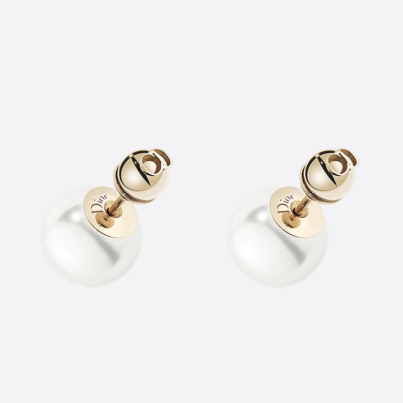 Hot Dior Tribales Earrings CD Metal and White Resin Pearls Gold