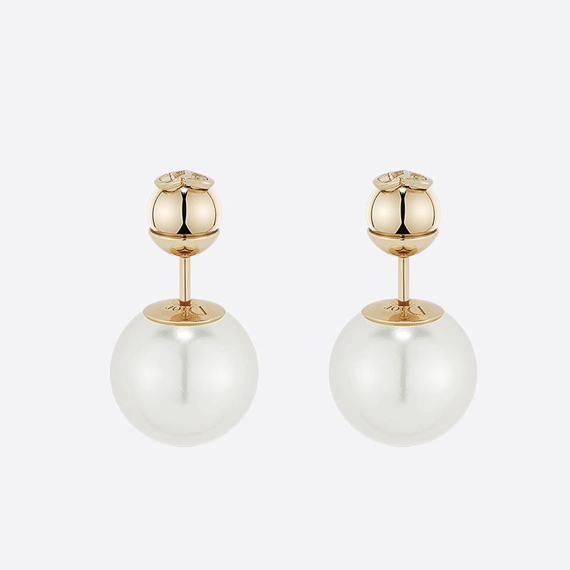 Hot Dior Tribales Earrings CD Metal and White Resin Pearls Gold