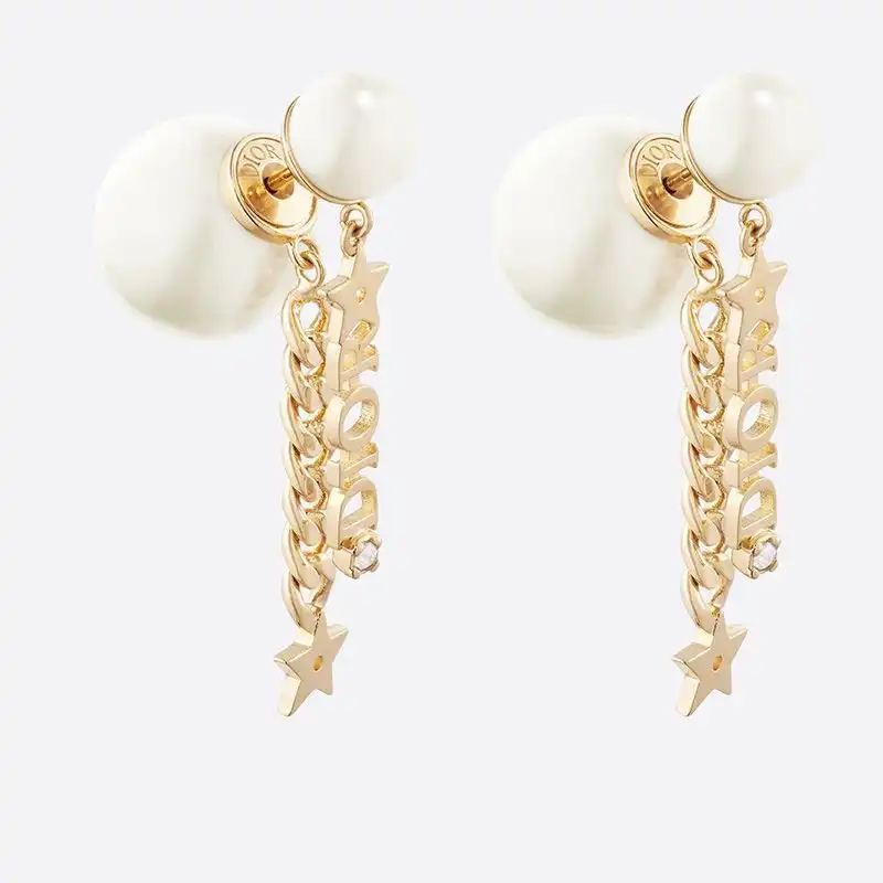 Hot Dior Tribales Earrings Chain and White Resin Pearls Gold