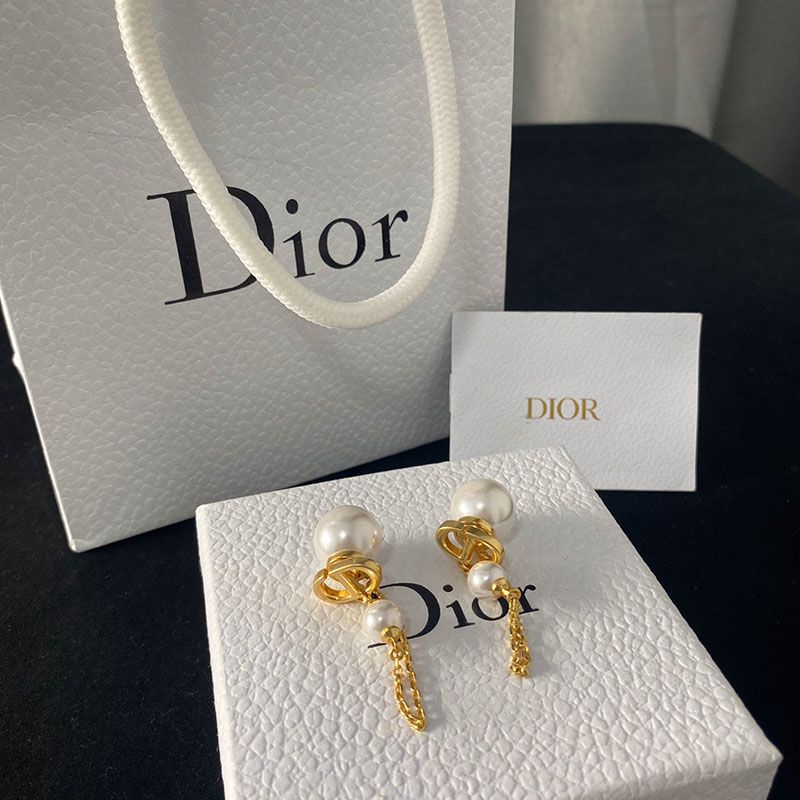 Dior Tribales Earrings Chain Metal And White Resin Pearls Gold Hot Sale