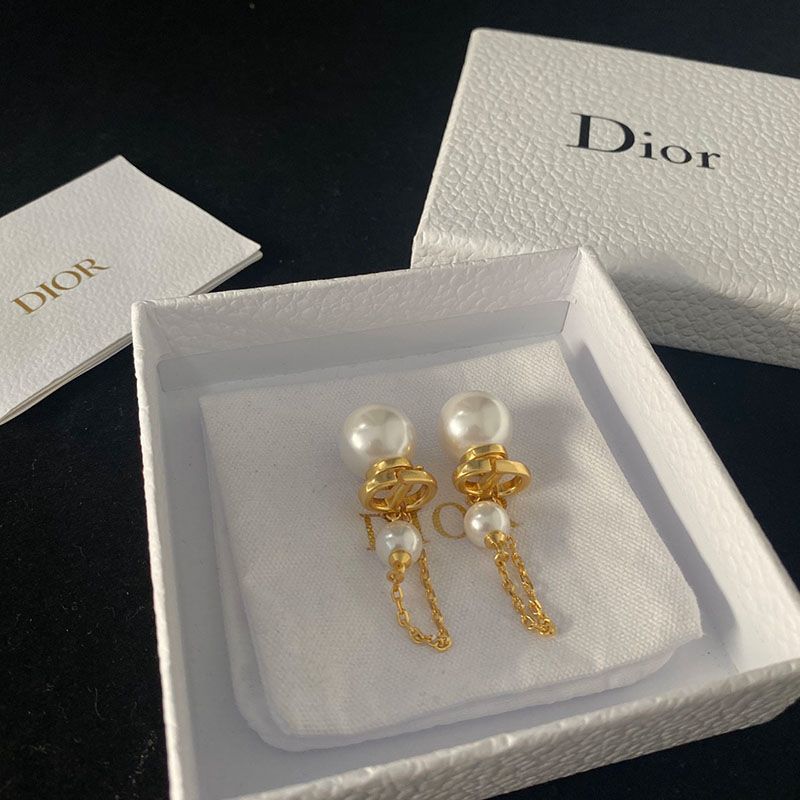 Dior Tribales Earrings Chain Metal And White Resin Pearls Gold Hot Sale