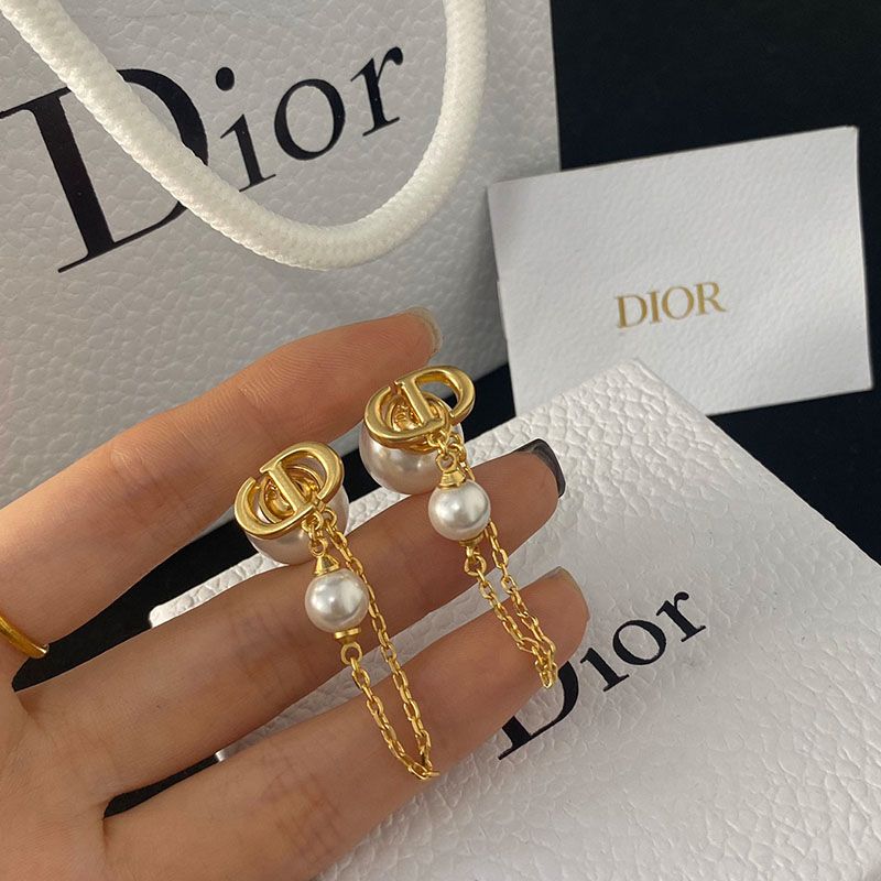 Dior Tribales Earrings Chain Metal And White Resin Pearls Gold Hot Sale