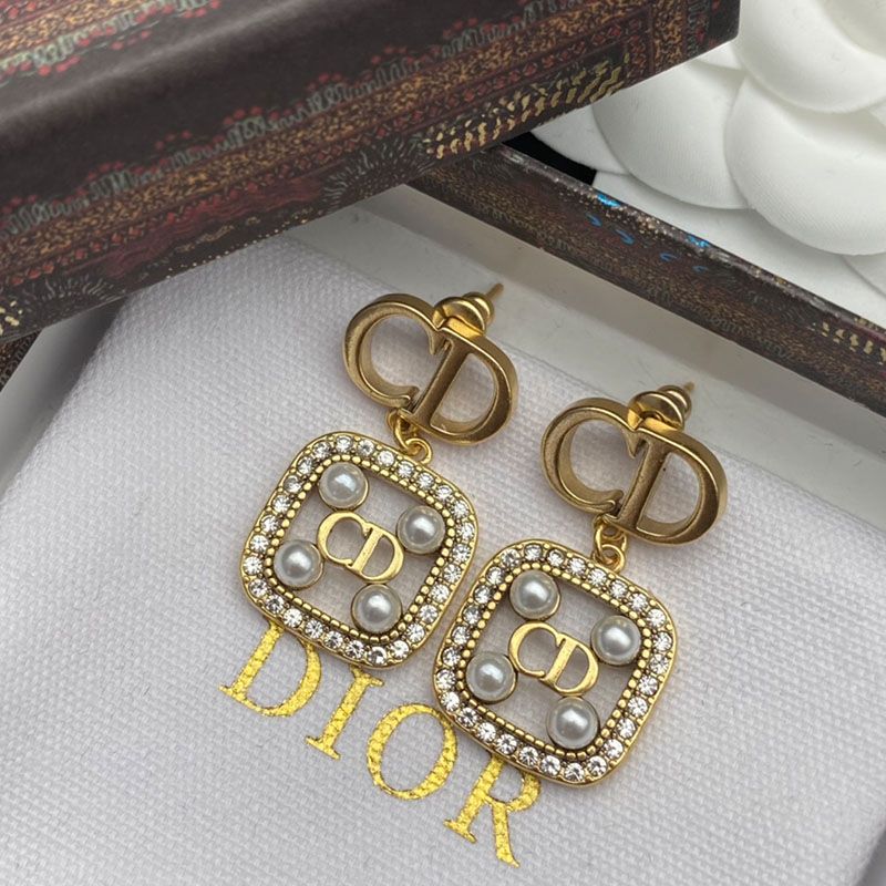 Hot Dior Tribales Earrings Gold-finish Metal, White Resin Pearls And White Crystals Gold