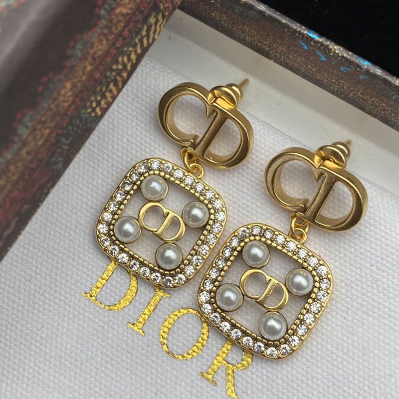 Hot Dior Tribales Earrings Gold-finish Metal, White Resin Pearls And White Crystals Gold