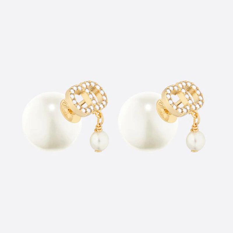 Dior Tribales Earrings Metal With White Resin Pearls And White Crystals Gold Hot Sale