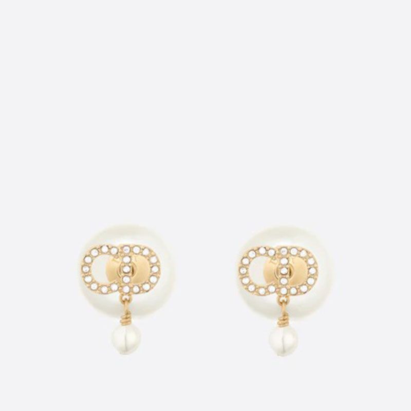 Hot Dior Tribales Earrings Metal With White Resin Pearls And White Crystals Gold