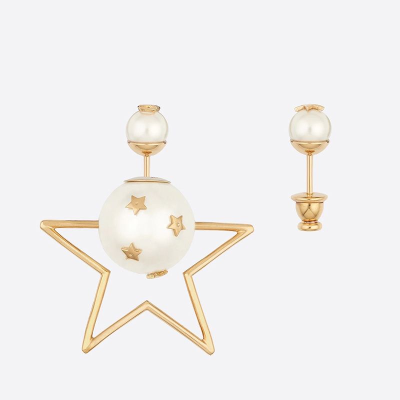 Hot Dior Tribales Earrings Metal and White Resin Pearls with a Star Gold