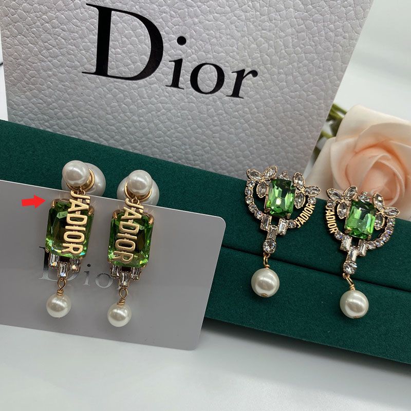 Dior Tribales Earrings Metal, White Resin Pearls with Green and Silver Crystals Gold Hot Sale