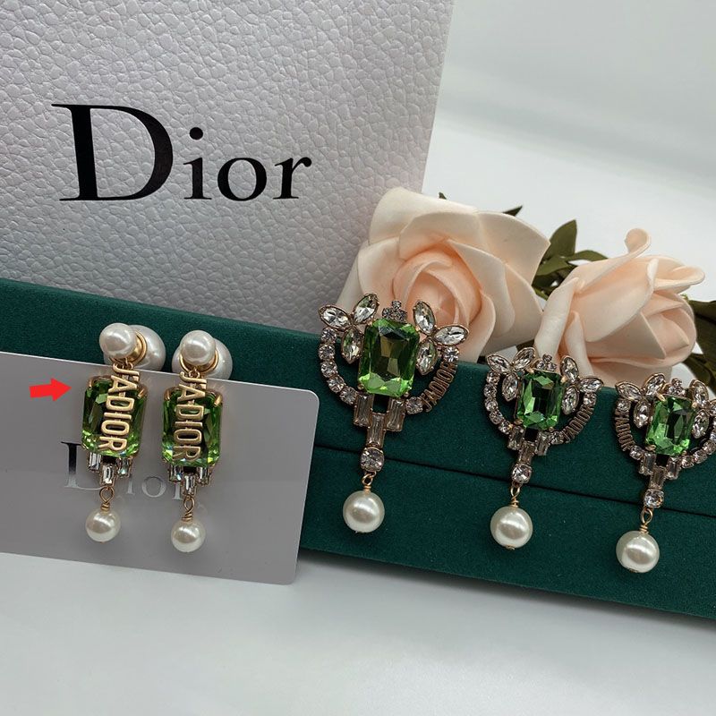 Hot Dior Tribales Earrings Metal, White Resin Pearls with Green and Silver Crystals Gold