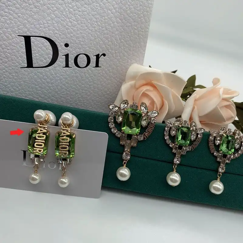 Cheap Hot Dior Tribales Earrings Metal, White Resin Pearls with Green and Silver Crystals Gold