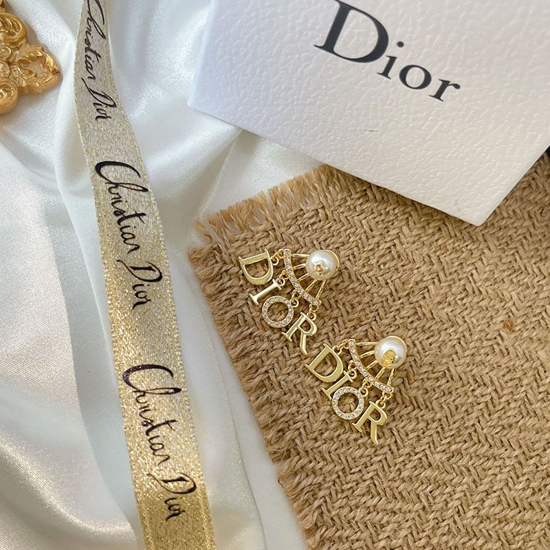 Hot Dior Tribales Earrings Metal, White Crystals And White Resin Pearls Gold