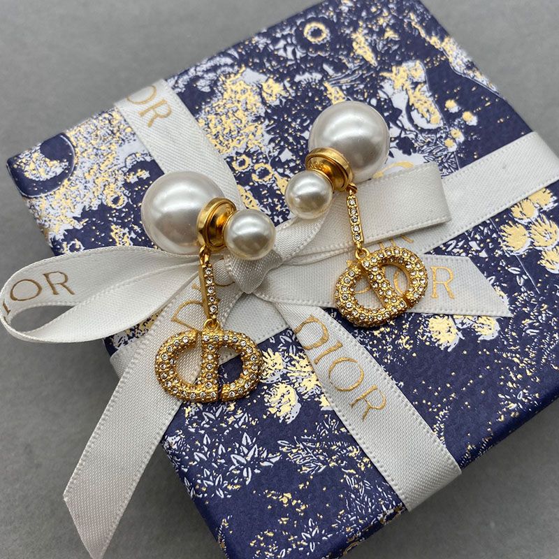 Dior Tribales Earrings, White Resin Pearls and Silver Crystals Gold Hot Sale