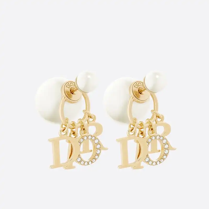 Hot Dior Tribales Earrings Metal, White Resin Pearls and White Crystals Gold