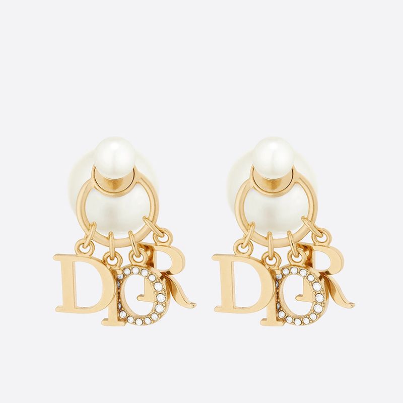 Hot Dior Tribales Earrings Metal, White Resin Pearls and White Crystals Gold