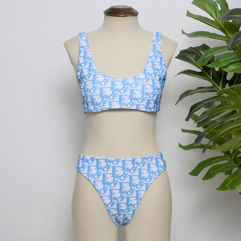 Dior Bandeau Bikini Women Oblique Motif Lycra Sky Blue Hot Sale