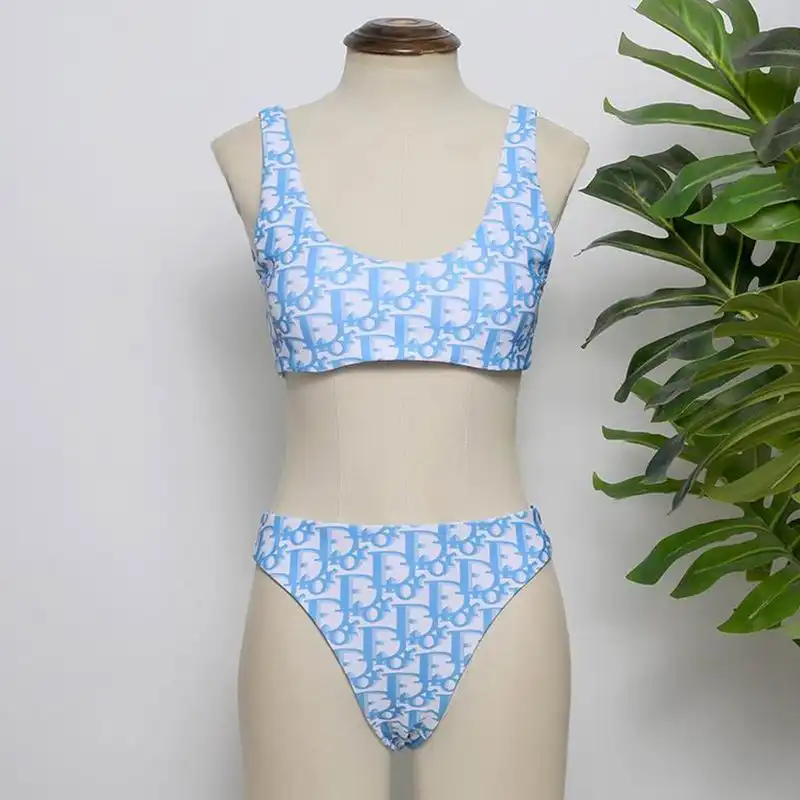 Cheap Hot Dior Bandeau Bikini Women Oblique Motif Lycra Sky Blue