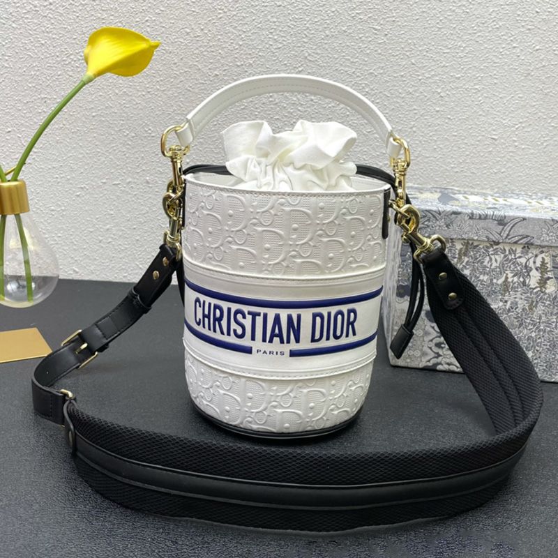 Hot Small Dior Vibe Bucket Bag Oblique Embossed Calfskin White Black