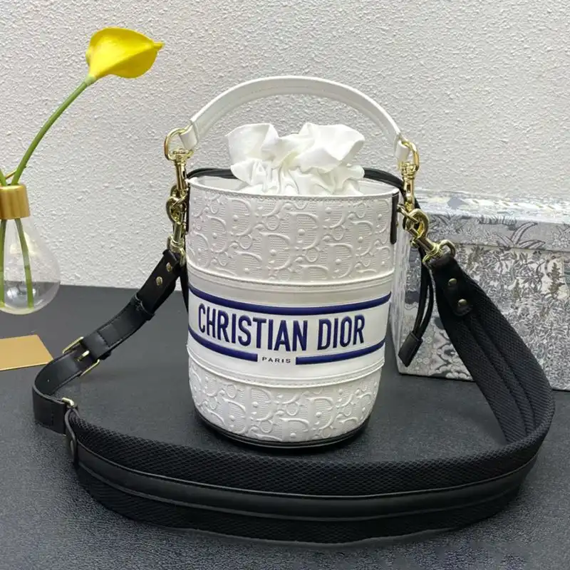 TOP Small Dior Vibe Bucket Bag Oblique Embossed Calfskin White Black