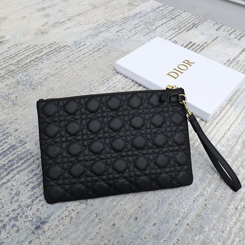 Dior Zipped Pouch Cannage Topstitching Calfskin Black Hot Sale