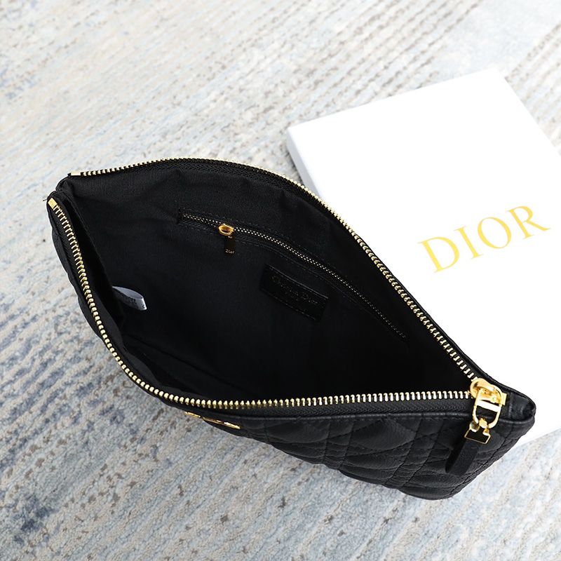 Dior Zipped Pouch Cannage Topstitching Calfskin Black Hot Sale