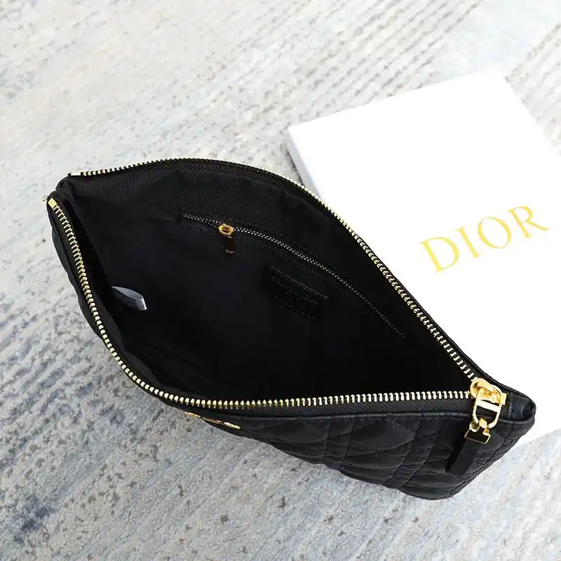 Affordable Hot Dior Zipped Pouch Cannage Topstitching Calfskin Black