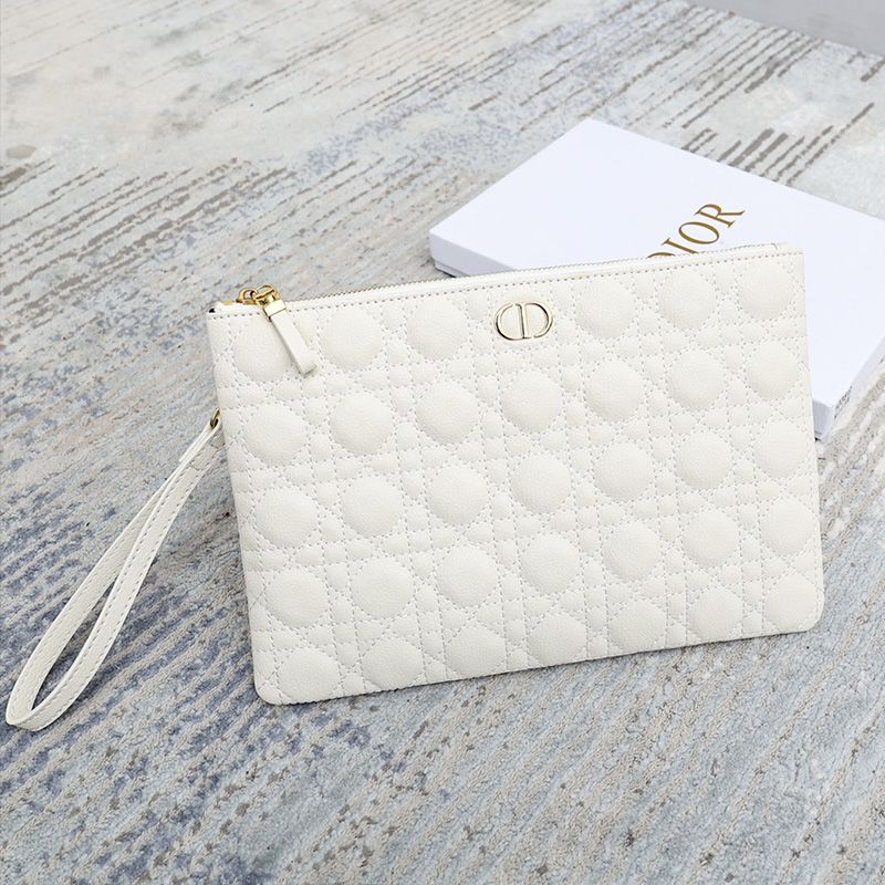 Hot Dior Zipped Pouch Cannage Topstitching Calfskin White