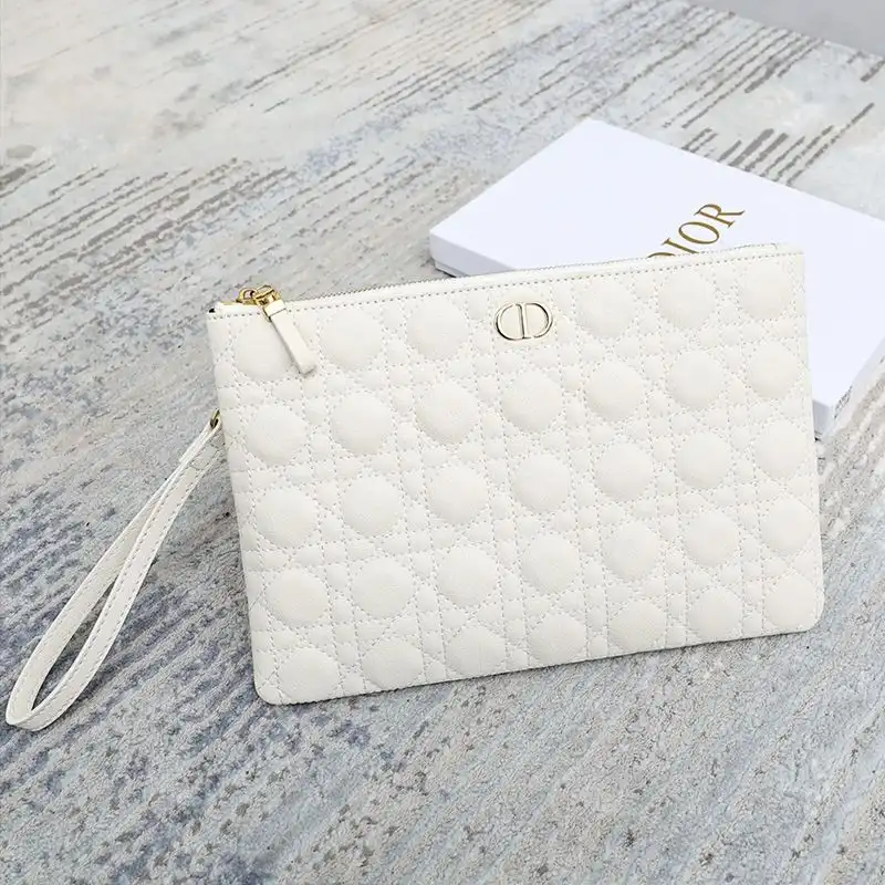 Cheap Dior Zipped Pouch Cannage Topstitching Calfskin White