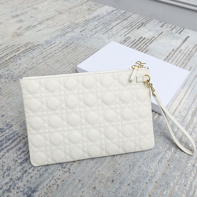 Dior Zipped Pouch Cannage Topstitching Calfskin White Hot Sale