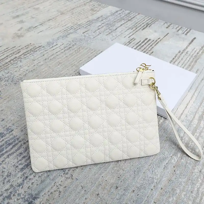 Affordable Hot Dior Zipped Pouch Cannage Topstitching Calfskin White