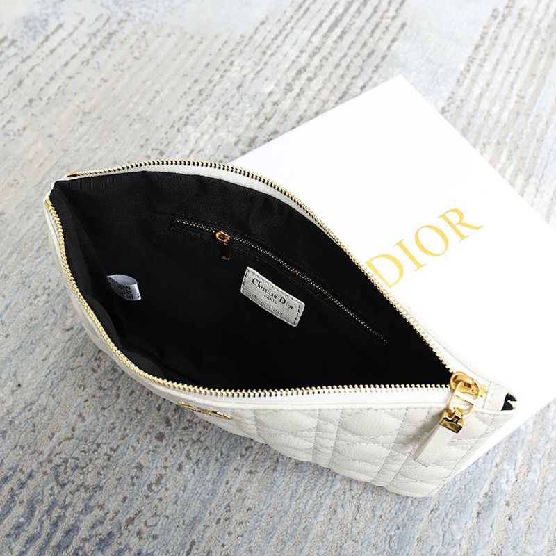 Dior Zipped Pouch Cannage Topstitching Calfskin White Hot Sale