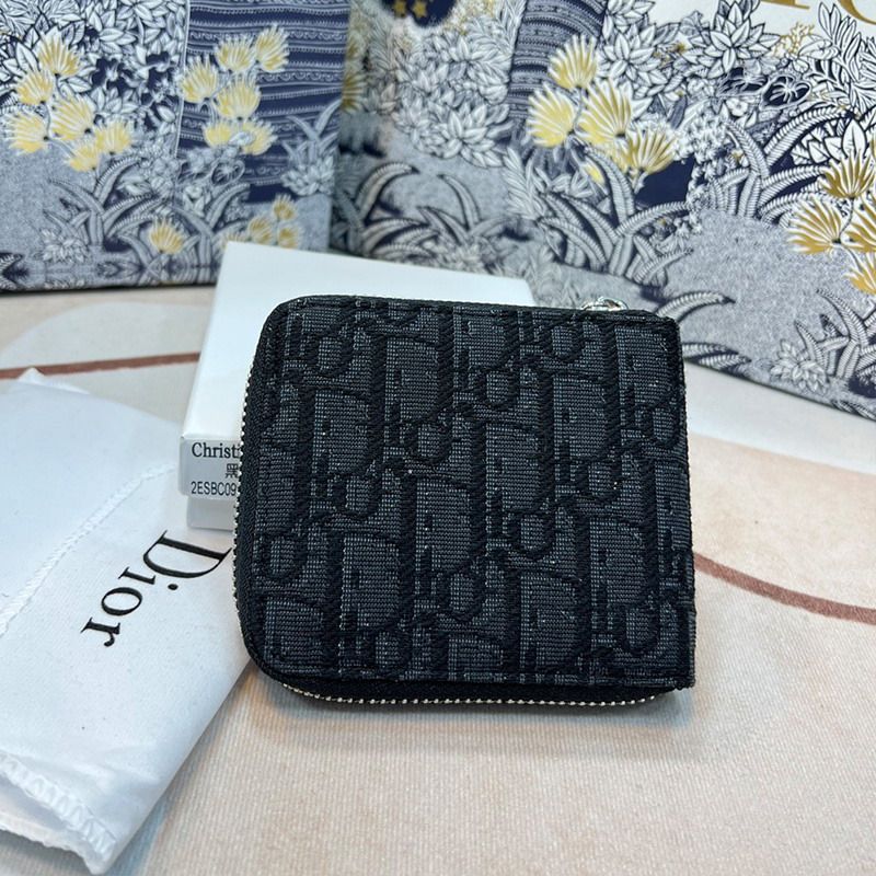 Hot Dior Zipped Wallet Oblique Motif Canvas Black