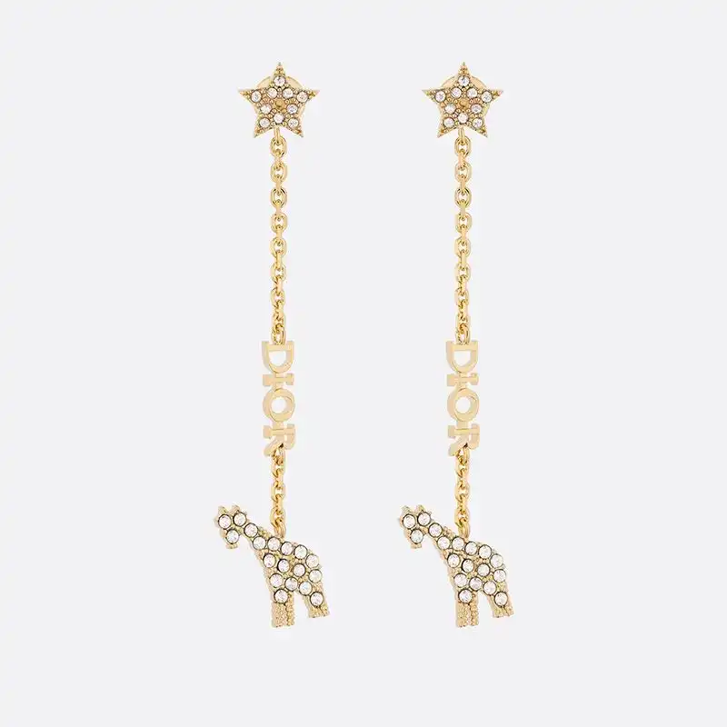 Hot Diorable Giraffe Earrings Metal and White Crystals Gold