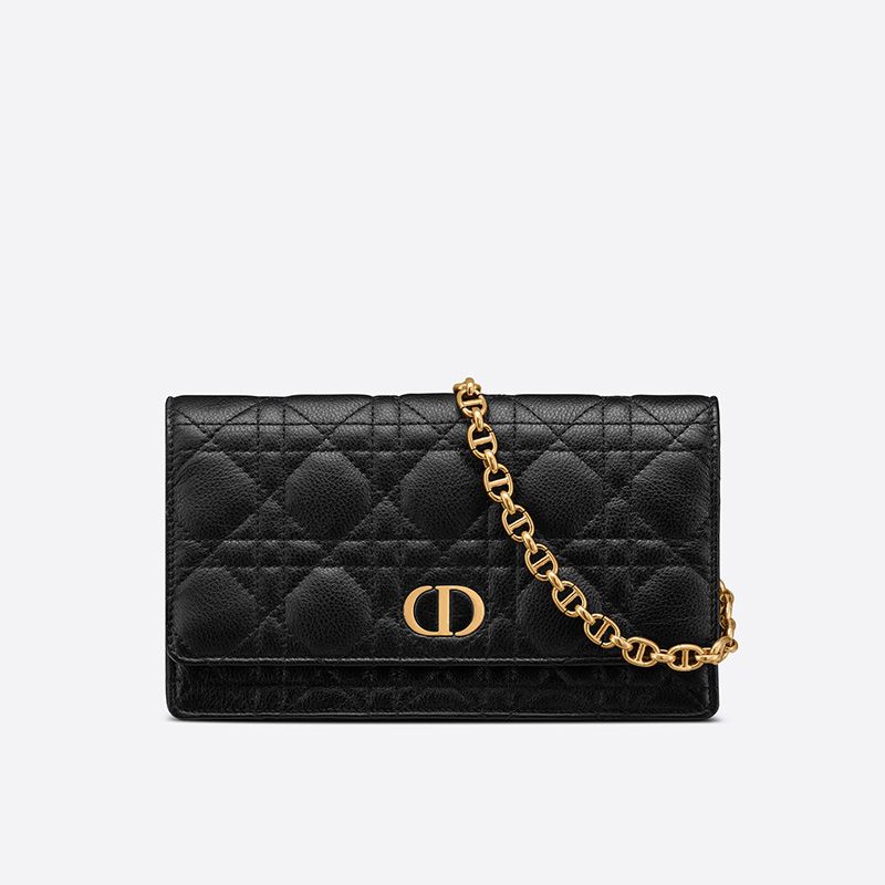 Hot Dior Caro Belt Pouch with Chain Cannage Calfskin Black