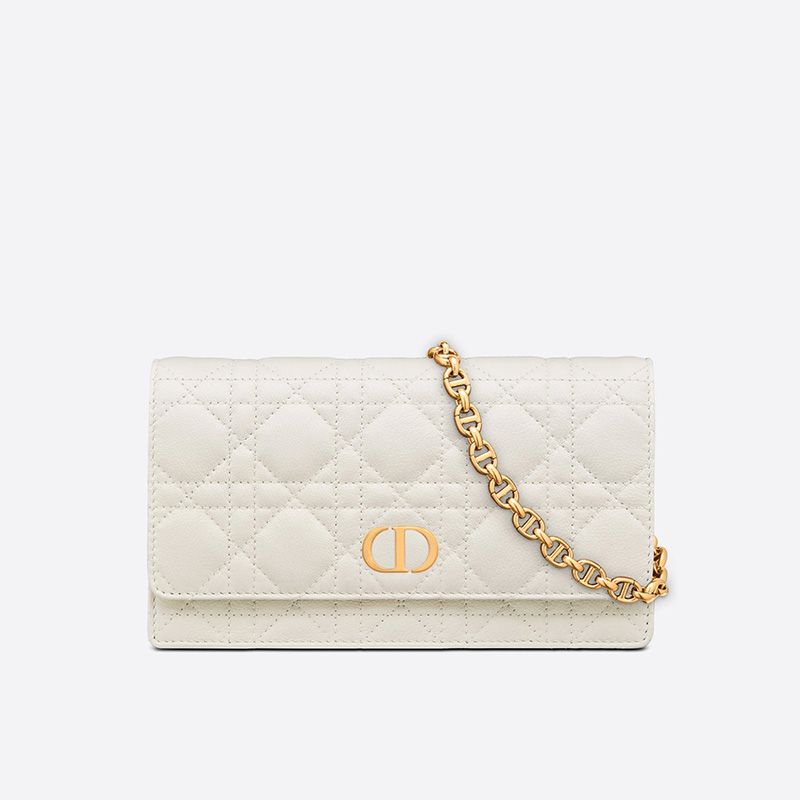 Hot Dior Caro Belt Pouch with Chain Cannage Calfskin White