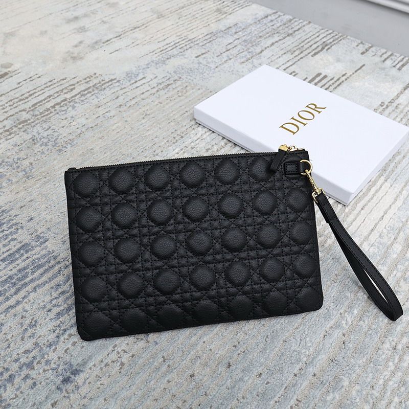 Large Dior Caro Daily Pouch Cannage Calfskin Black