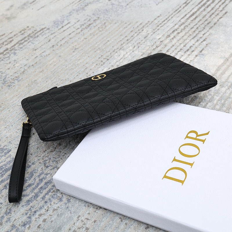 Large Dior Caro Daily Pouch Cannage Calfskin Black