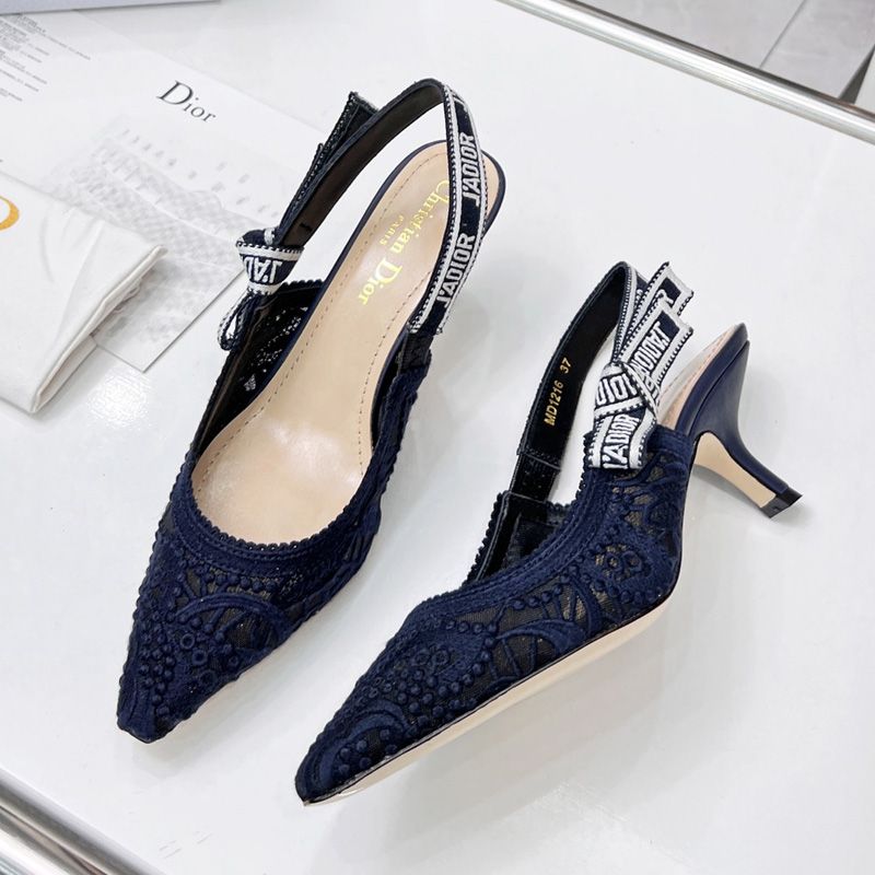 J'Adior Slingback Pumps Women D-Lace Macrame Motif Mesh Navy Blue Hot Sale