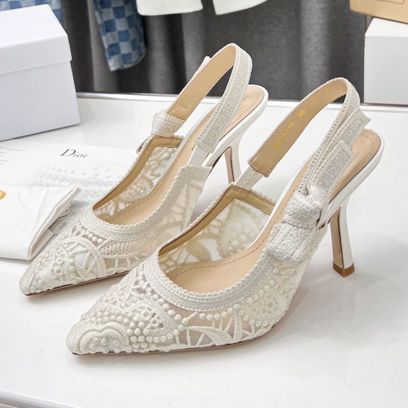 Hot J'Adior Slingback Pumps Women D-Lace Macrame Motif Mesh White