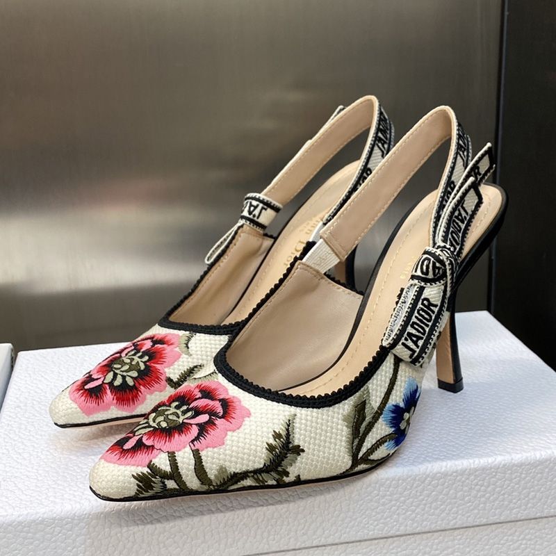 J'Adior Slingback Pumps Women Petites Fleurs Motif Canvas White Hot Sale