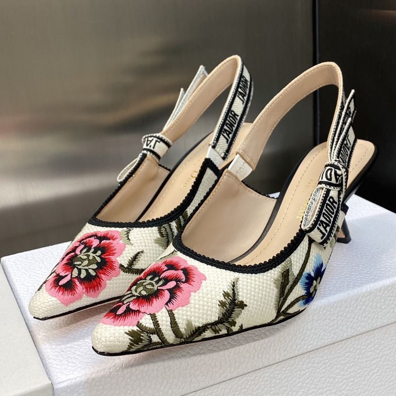 J'Adior Slingback Pumps Women Petites Fleurs Motif Canvas White Hot Sale