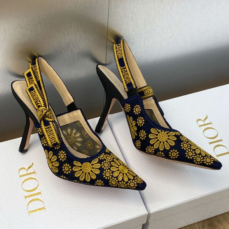 Hot J'Adior Slingback Pumps Women Saint-Gall Floral Motif Mesh Blue Gold