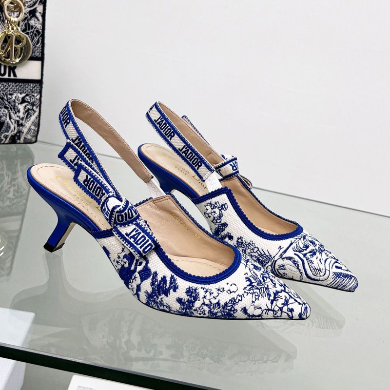 J'Adior Slingback Pumps Women Toile de Jouy Motif Canvas Bright Blue Hot Sale