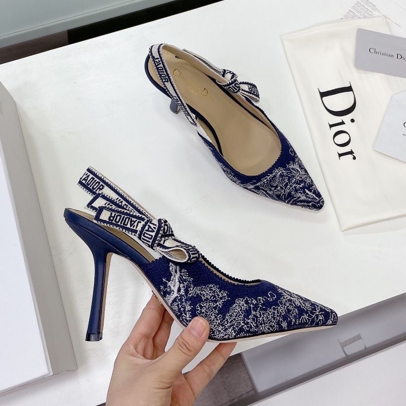 J'Adior Slingback Pumps Women Toile de Jouy Motif Canvas Navy Blue Hot Sale