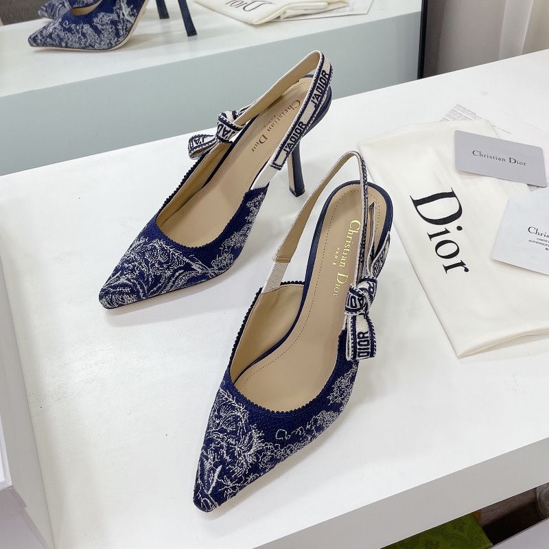 J'Adior Slingback Pumps Women Toile de Jouy Motif Canvas Navy Blue Hot Sale