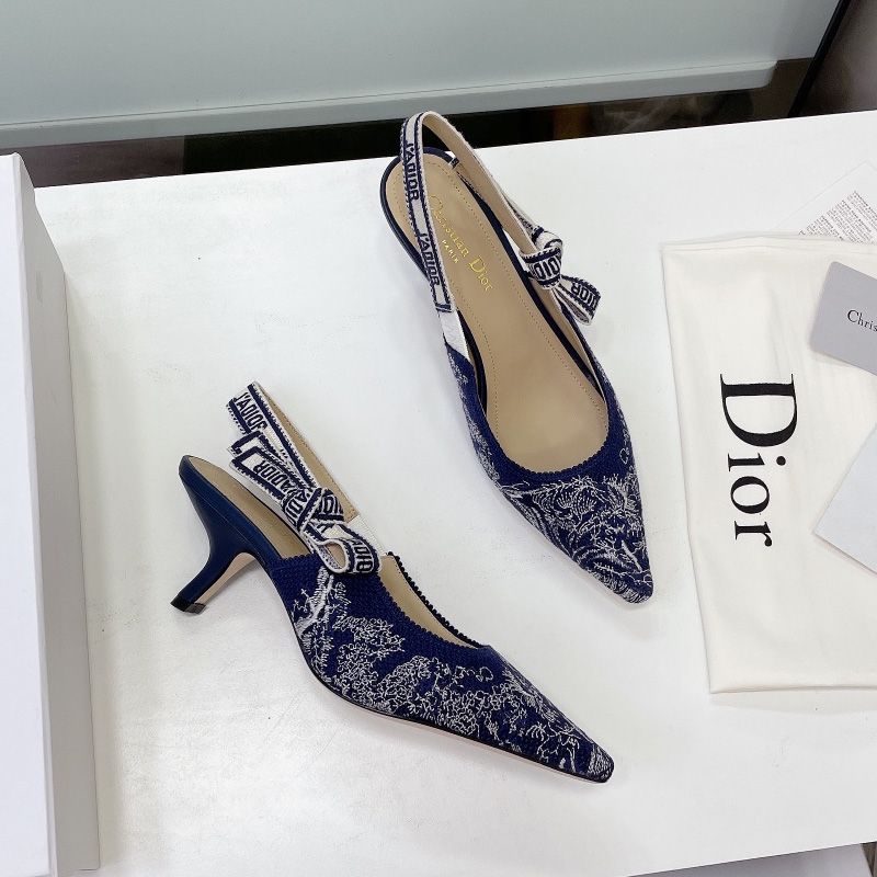 J'Adior Slingback Pumps Women Toile de Jouy Motif Canvas Navy Blue Hot Sale