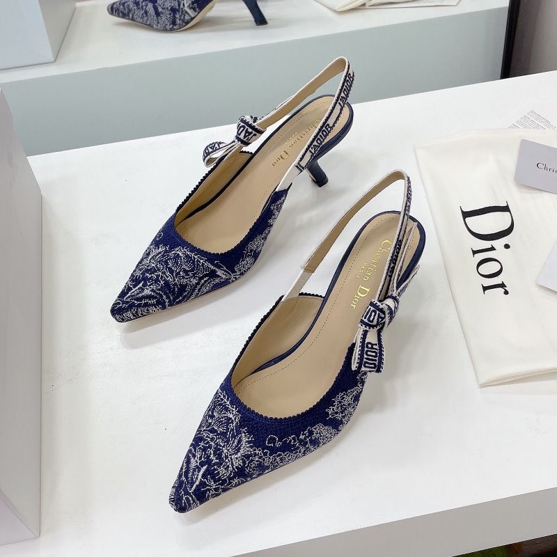 J'Adior Slingback Pumps Women Toile de Jouy Motif Canvas Navy Blue Hot Sale