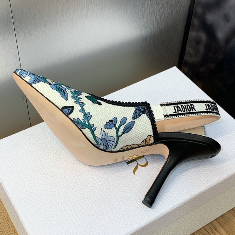 J'Adior Slingback Pumps Women Toile de Jouy Mexico Motif Canvas White Blue Hot Sale