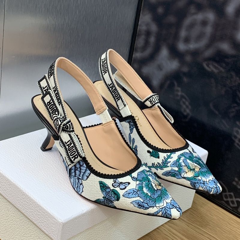 J'Adior Slingback Pumps Women Toile de Jouy Mexico Motif Canvas White Blue Hot Sale